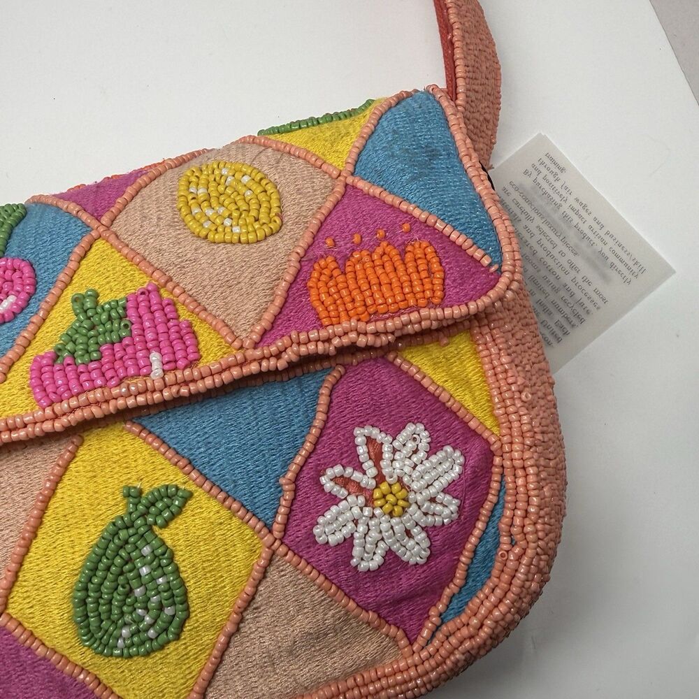 American & Beyond Viral Bright Fruit & Flower Patchwork Beaded Shoulder Bag New - Picture 4 of 9